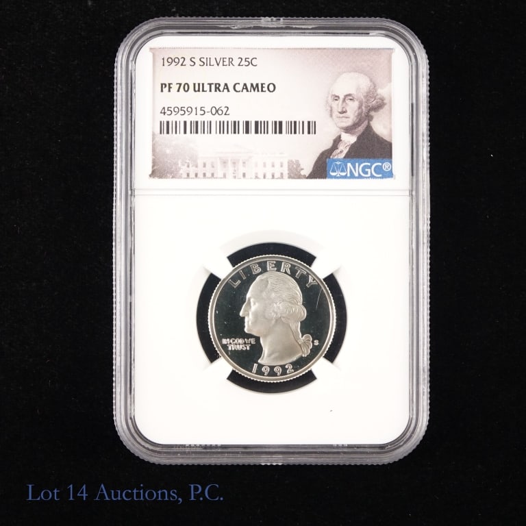 1992-S US Silver Wash. 25c (NGC PF70-U. C.): 1992-S 90%-silver proof Washington quarter (San Francisco Mint). NGC graded PF 70 ultra cameo. Mintage is 1,317,579. NGC price guide value is $65. NGC population 944. *** Lot 14 Auctions is not a prof