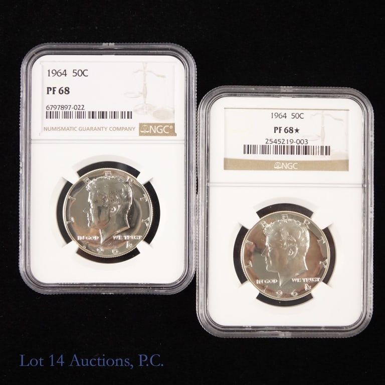 1964 US Silver Kennedy 50c (NGC PF 68), 2: Two (2) 1964 (P) silver Kennedy half dollars (Philadelphia Mint). NGC graded PF 68 to PF 68*. NGC price guide value is $150. *** Lot 14 Auctions is not a professional numismatic grading association. C