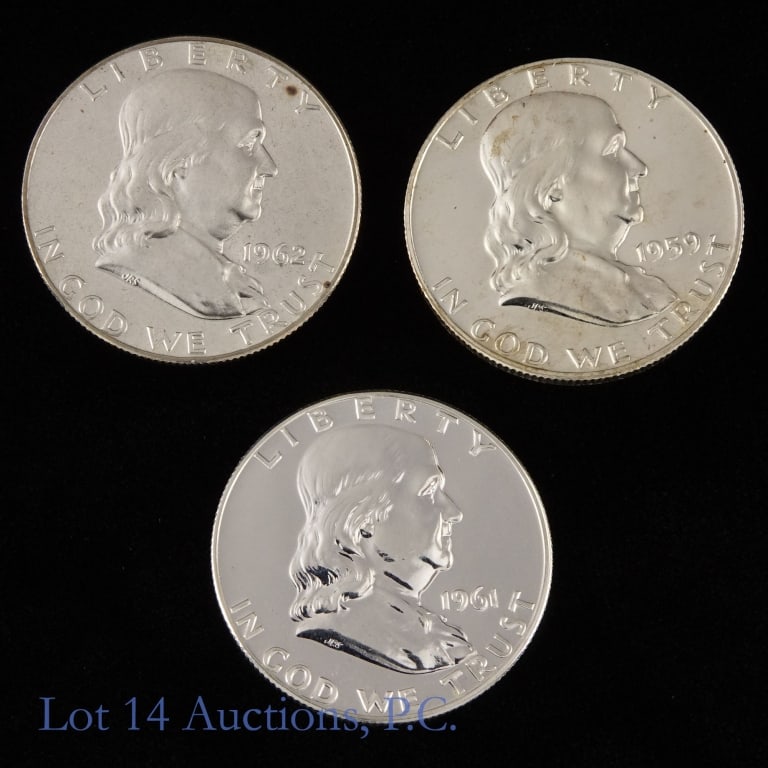 US Silver Proof Franklin 50c, 3: Three (3) United States silver proof Franklin half dollars (Philadelphia Mint). *Per consigner, gem quality pulled from original proof sets. Metal 90% silver (ASW +1.0 ozt). Dates as follows: ---1959 