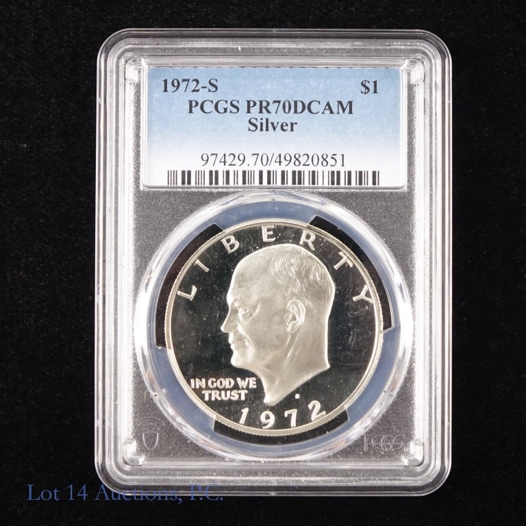 1972-S US Silver Proof IKE $1 (PCGS PR70 DCAM): 1972-S United States silver proof Eisenhower dollar (San Francisco Mint). Designer Frank Gasparro. PCGS graded PR 70 DCAM. PCGS price guide value is $425 with a population of 971. *** Lot 14 Auctions 