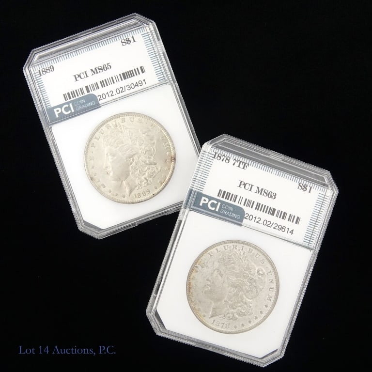 1878-7F & 1889 Silver Morgan $1 (PCI), 2: Two (2) United States silver Morgan dollars (Philadelphia Mint). Metal is 90% silver (ASW = 1.546 ozt). PCI slabbed as follows: ---1878 (P) 7 TF mintage 9,759,300 (PCI MS63); and ---1889 (P) mintage 2