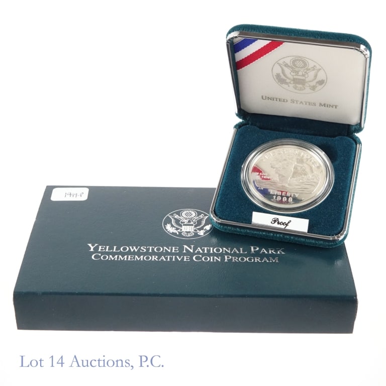 1999-P USA Silver Proof Yellowstone NP $1 in OGP: 1999-P United States silver proof DCAM Yellowstone National Park commemorative dollar (Philadelphia Mint) in OGP with COA. Metal is 90% silver (ASW 0.7734 ozt.). Mintage 187,595. *** Lot 14 Auctions i