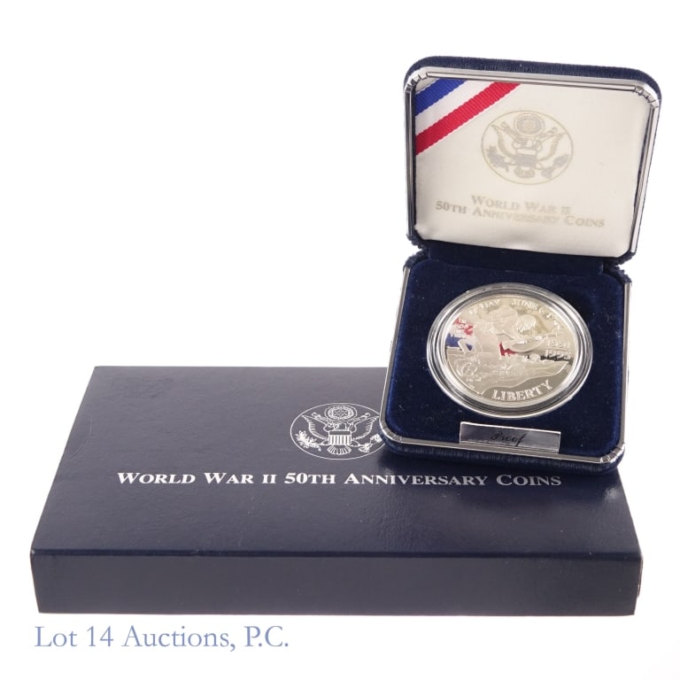 1991-95 US Silver Proof WWII 50th Anniv. $1 (OGP): 1991-95-W United States silver proof DCAM World War II 50th anniversary dollar (West Point Mint) in OGP with COA. Metal is 90% silver (ASW 0.7734 ozt.). Mintage 342,041. *** Lot 14 Auctions is not a