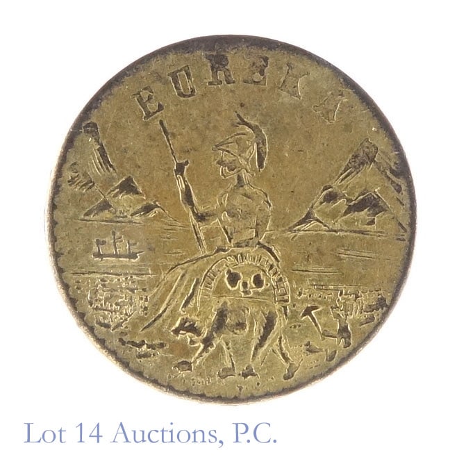 1885 US Rnd Calif. 1/2 Gold Charm: 1885 United States round California gold half dollar gold charm. Obverse with arms of California - eureka. Reverse lettering with in wreath CAL. GOLD * 1885 * CHARM within wreath. Per consigner, this