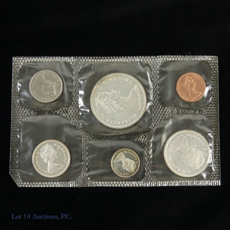 1965 Canada Silver 6-Coin Mint Set (P/L): 1965 Canada silver 6-coin proof set (Royal Canadian Mint) in original gov blister pack. Per consigner, coins are all in proof/like condition. Estimated actual silver weight is 1.1 troy ounces. *** Lot