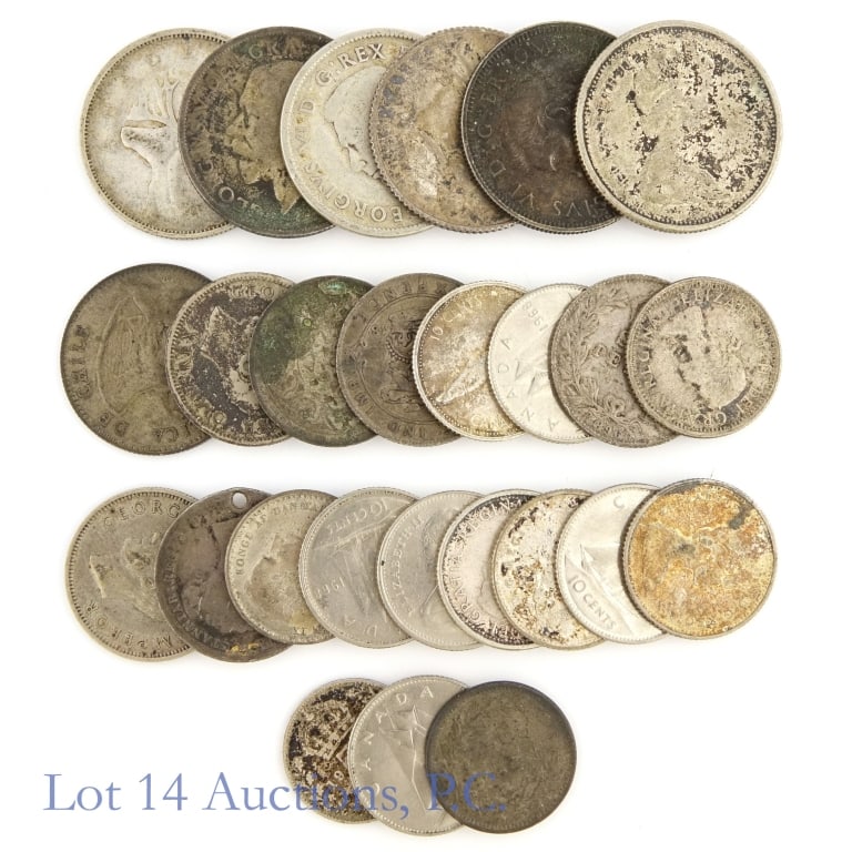 Various Silver World Coins (+25): Over twenty-five various silver world coins as follows: ---Canada: --25 cents: 1941, 1954 and 1965 (3); --10 cents 1955, 1960, 1964, 1967, and 1968 (6) (subtotal 10); ---Chili: --50 centavos 1919, --1