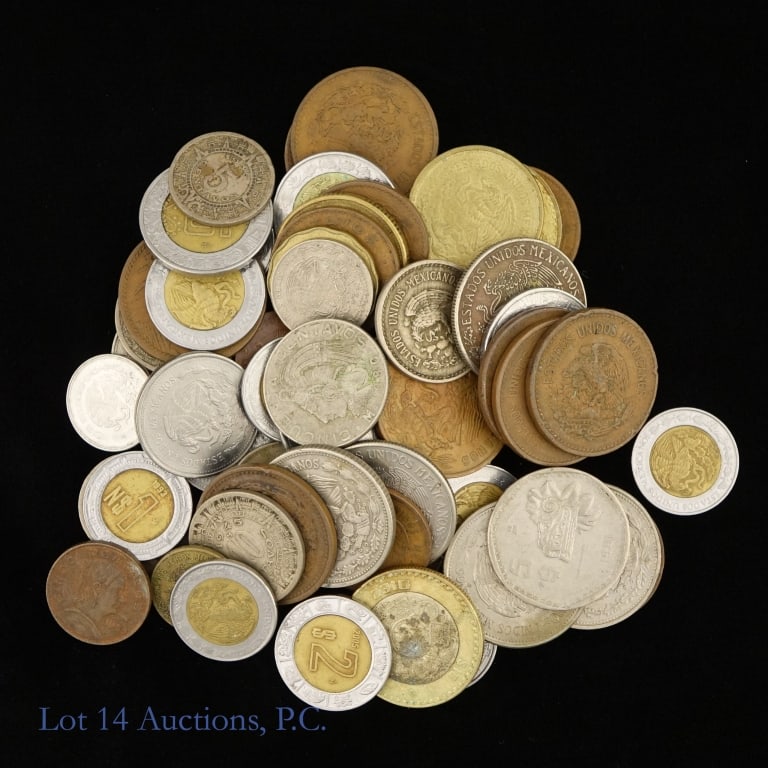 Various World Coins (+55): Over fifty-five (+55) various world coins. Weighs over 14.5 oz on Lot 14 Auctions electronic balance. *** Lot 14 Auctions is not a professional numismatic grading agency. Consigner descriptions are