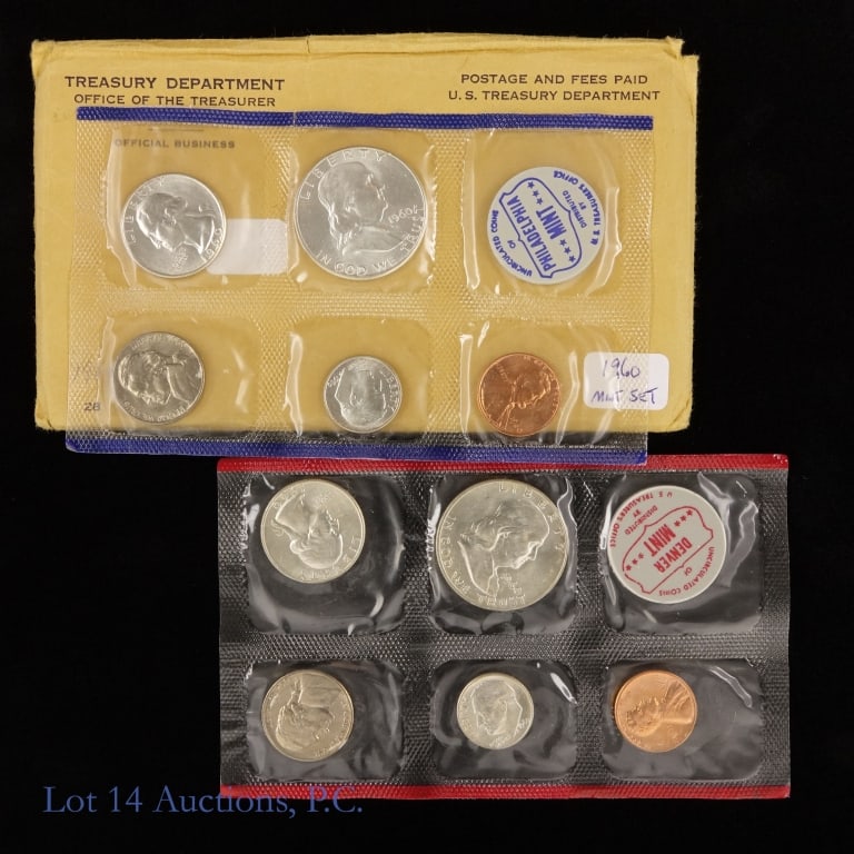1960 P,D US 90%-Silver Unc. 10-Coin Mint Set: 1960 P, D United States 90%-silver uncirculated 10-coin mint set (Philadelphia, Denver Mints) in original blister packs and govt packaging (five coins from each mint. MINTAGE IS 260,485. Total ASW is 