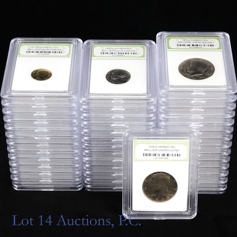 1950s - 1980s Various US BU/Gem BU Coins (INB), 41: Forty-one (41) various United States coins slabbed by the International Numismatic Bureau (INB) and graded BU to DCAM Gem BU as follows: ---Lincoln cents: --1960-p, --1974 (P), --1974-D, and --1976-P 