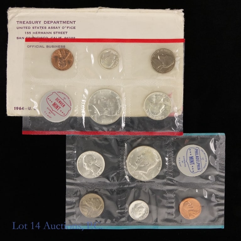1964 P,D US 90%-Silver Unc. 10-Coin Mint Set: 1964 P, D United States 90%-silver uncirculated 10-coin mint set (Philadelphia, Denver Mints) in original blister packs and govt packaging (five coins from each mint). Mintage is 1,008,108. Total ASW 