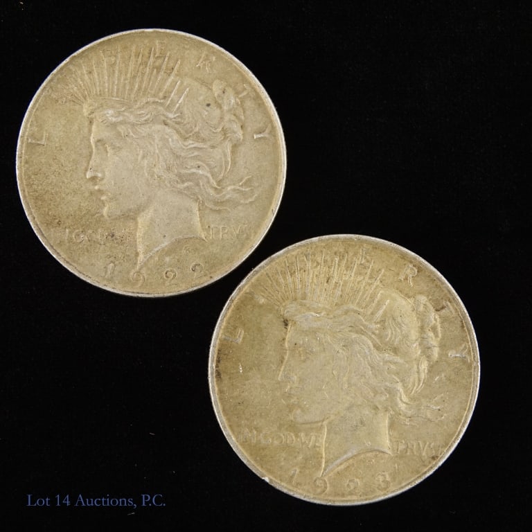 1922 & 1923 US 90%-Silver Peace $1 (2): 1922 (P) and 1923 (P) United States 90%-silver peace dollars (Philadelphia Mint). Approximate ASW = 1.5 ozt). Silver content confirmed on Lot 14 Auctions electronic metal verifier. *** Lot 14 Auctions