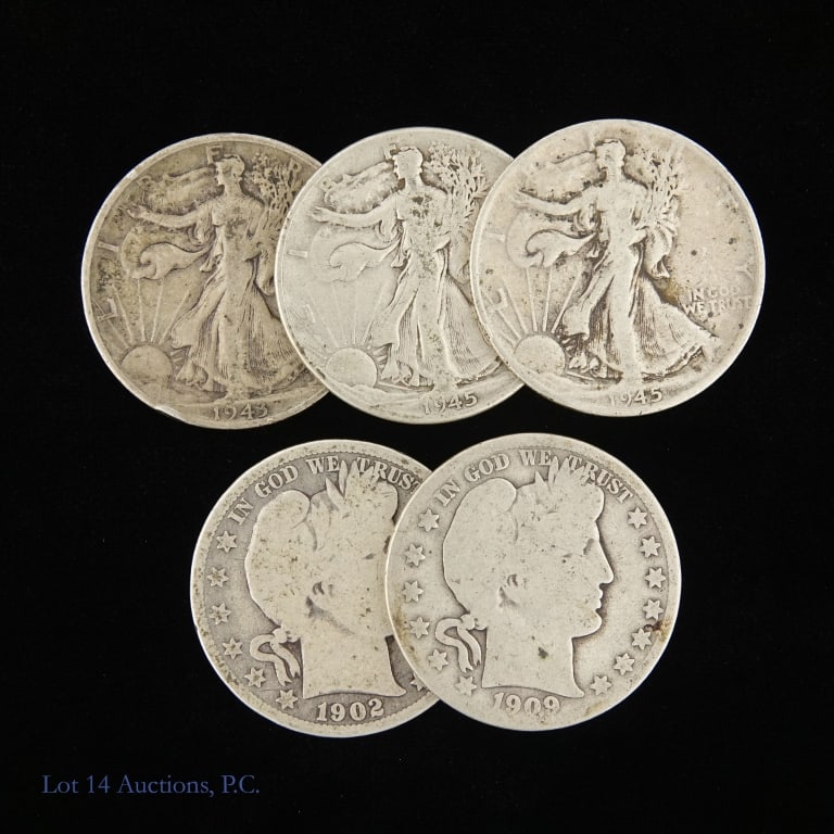 1902 - 1945 US 90% Silver Half Dollars (5): Five (5) United States 90%-silver half dollars (Philadelphia, Denver, San Francisco, New Orleans Mints). Approximate ASW 1.7 ozt. Dates, mintage and select PCGS survival estimates (SE) as follows: ---