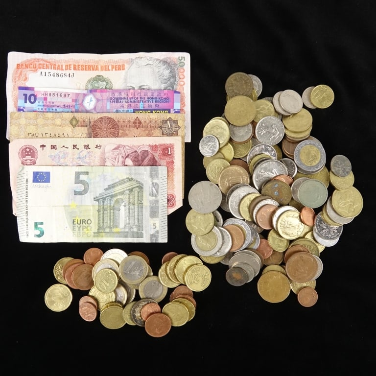 Various World Coins, Currencies & Tokens: Various foreign coins, currencies and tokens. Lot approximate weight 1 lbs 12 oz. Summary: ---currencies include a $5 euro note and a $10 Hong Kong dollar note (5 notes); ---coins include about $10 in