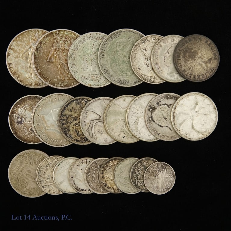 Various 40% - 90% Silver Foreign Coins (24): Twenty-four (24) various foreign silver coins (metal 40% to 90% silver) as follows: ---Australia 1940 3 pence; ---Canada 80% silver --1939 - 1960 quarters (7), and --1945 - 1960 dimes (3) (subtotal
