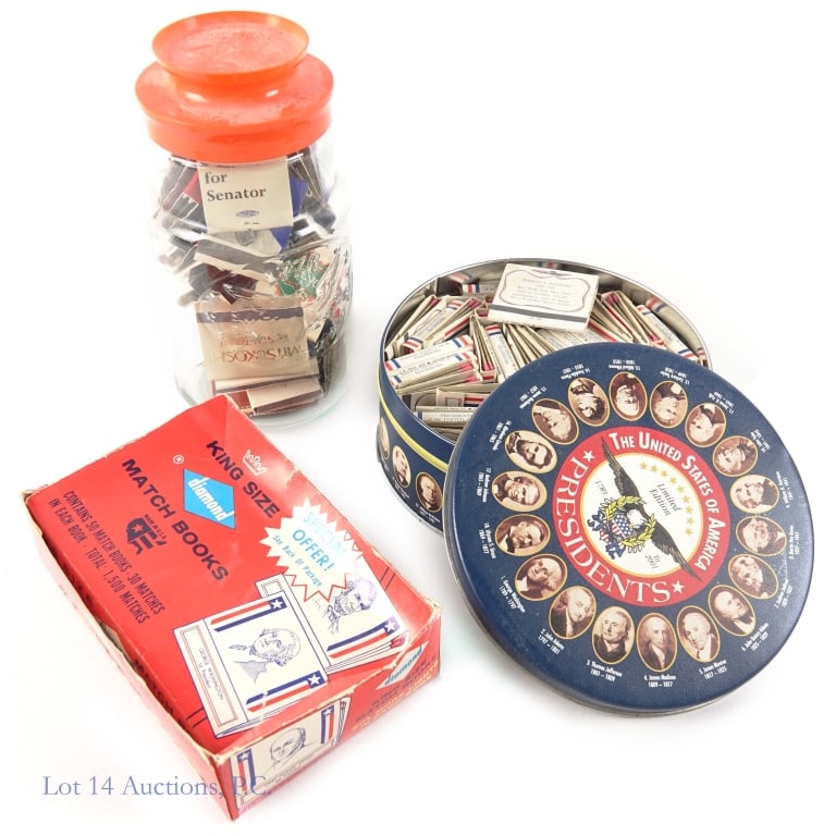 Political Themed Match Books: Political Themed Match Books. 3 containers each containing various amounts of political themed match books. Items are in decently maintained condition with ones box in a poor state. See photos for