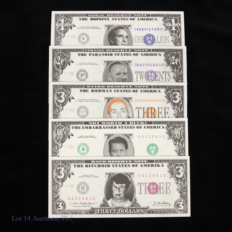 1996 US Pres. Camp. Items (5 pd / 75 Notes): Five pads of estimated 75 1996 presidential campaign fantasy banknotes (Slick Times, Valley Center CA -sold in pads of 25 notes) as follows: ---one million Bob Dole, Hopeful States of America (The