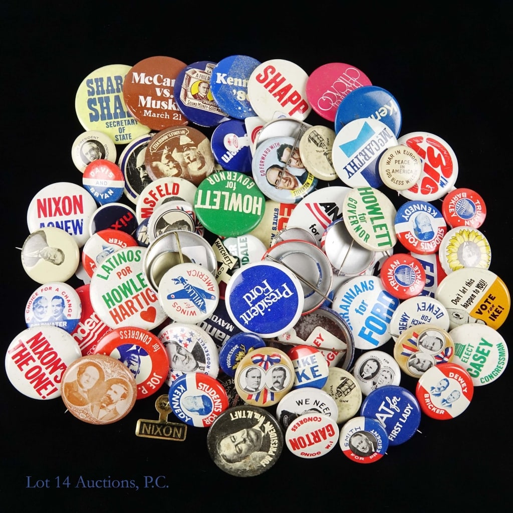 US Political Items (80+): More than 80+ United States political items. Many of the older looking buttons have the 1972 reproduction lettering on edges. ***Consigner descriptions are provided as a courtesy to bidders. Please