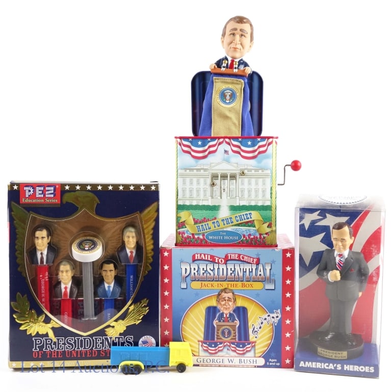 President Novelty Items & Other (4): President Novelty Items & Other (4). Lot contains 1 Presidents of the United States PEZ Education Series (Volume IX), 1 Hail to the Chief George W. Bush Jack-In-The-Box, 1 America's Heroes George