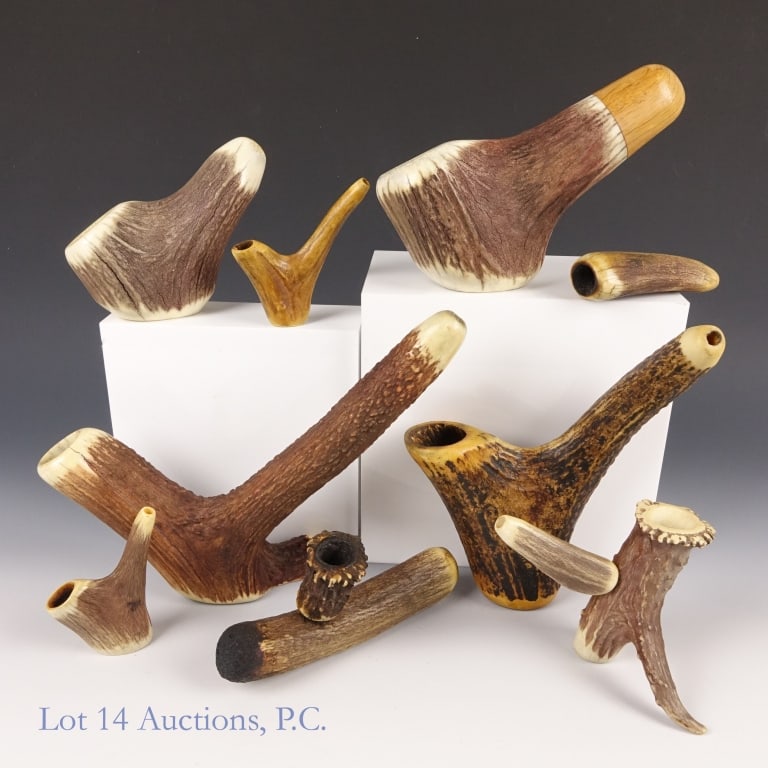 Antler Tobacco Pipes (9): Antler Tobacco Pipes (9). Lot of (9) nine tobacco pipes carved from what appears to be Deer or Elk antlers. Three (3) appear unused. Sizes range from 8" x 10" to 3" x 4". Items present as well maintai
