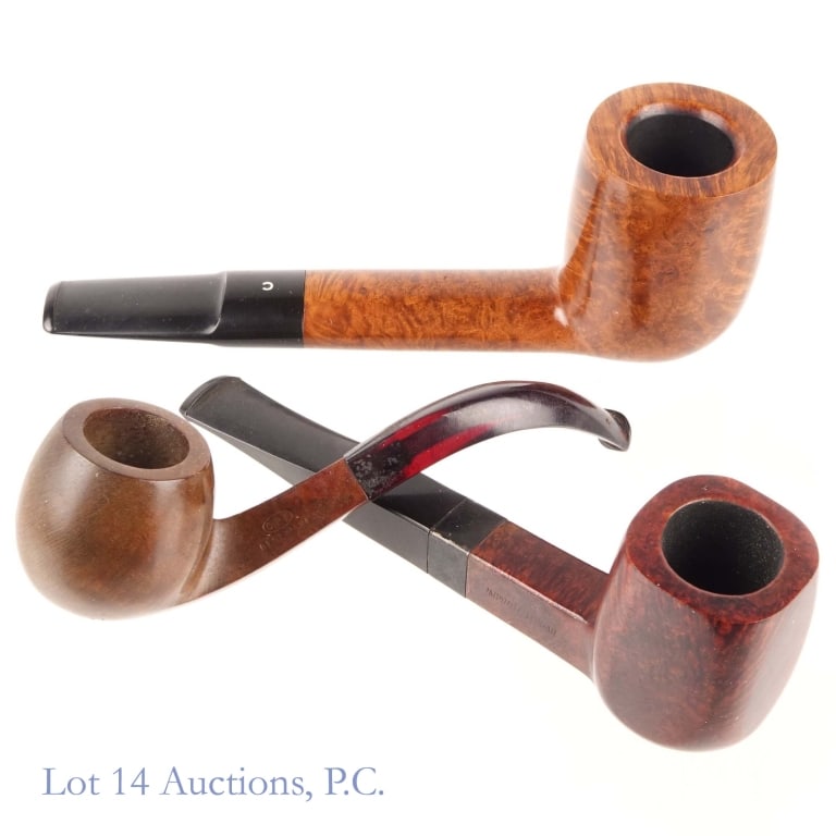Comoy, C.P.F., Weber Tobacco Pipes (3): Comoy, C.P.F., Weber Tobacco Pipes (3). A trio of tobacco pipes. Post-merger Comoy's Monaco 199, France, "C" stamped on stem, 6" - seasoned. Weber, Sterling Band, imported Briar, 5.25" - Seasoned. C.P