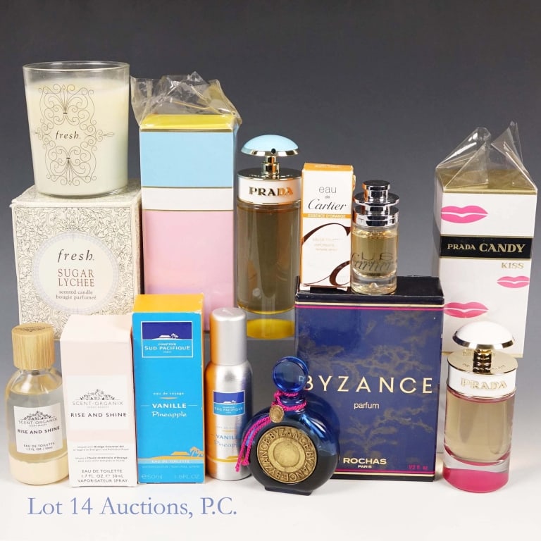 Perfumes, Fragrances - Prada, Cartier, Rochas,: Prada Candy Sugar Pop EDP 80ml almost full ** Prada Candy Kiss EDP 50ml almost full ** Cartier Essence D' Orange EDT 15ml almost full ** Rochas Byzance Parfum 15ml half full ** Scent - Organix Rise