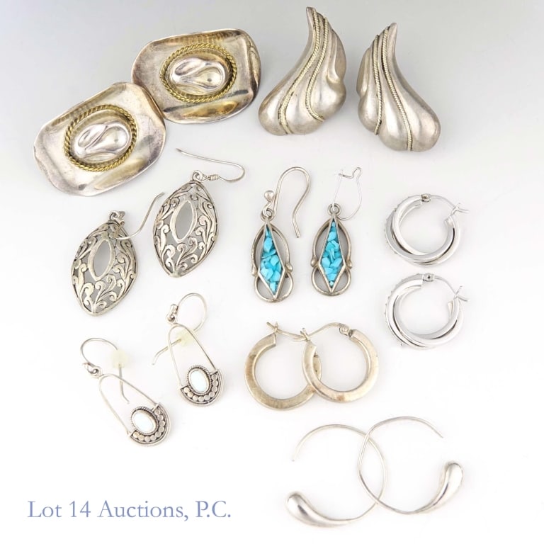 Sterling Silver Earrings (8 Pairs): Eight pairs of sterling silver earrings. Total weight of lot is approximately 44.65g or 1.43 troy oz. See photos for details.
