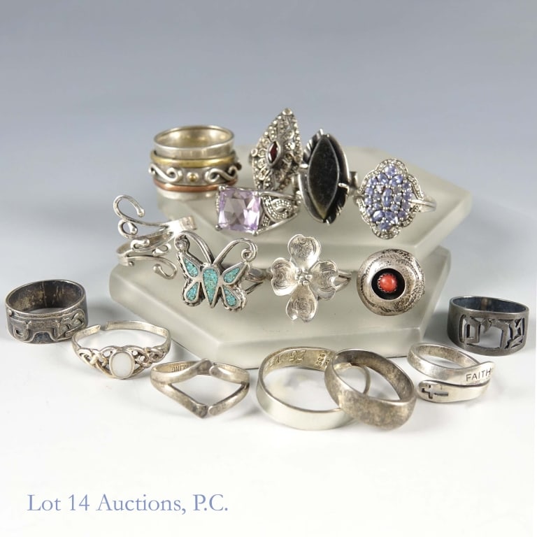 Sterling Silver Rings (16): 16 sterling silver rings of various sizes and styles. Total weight of lot is approximately 67.28g or 2.16 troy oz.