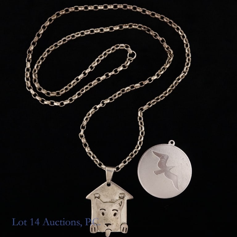 Sterling Silver Chain Necklace W Locket + Pendant: Sterling silver chain necklace with locket pendant depicting a dog house and a puppy. Approximately 30" long and 41.88 g - 1.35 ozt weight *** Sterling silver seagull pendant. Approximately 38mm
