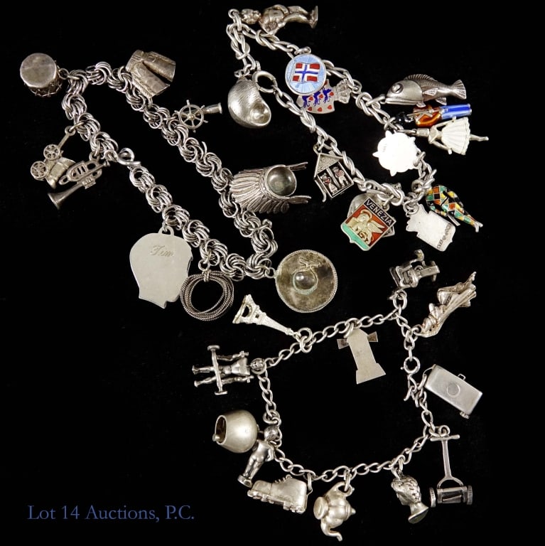 Sterling Silver Charm Bracelets: Three sterling bracelets with charms also made from sterling. A couple of the charms have designer names, such as David Andersen. Total weight of all three is approximately 97.72g or 3.14 troy oz.