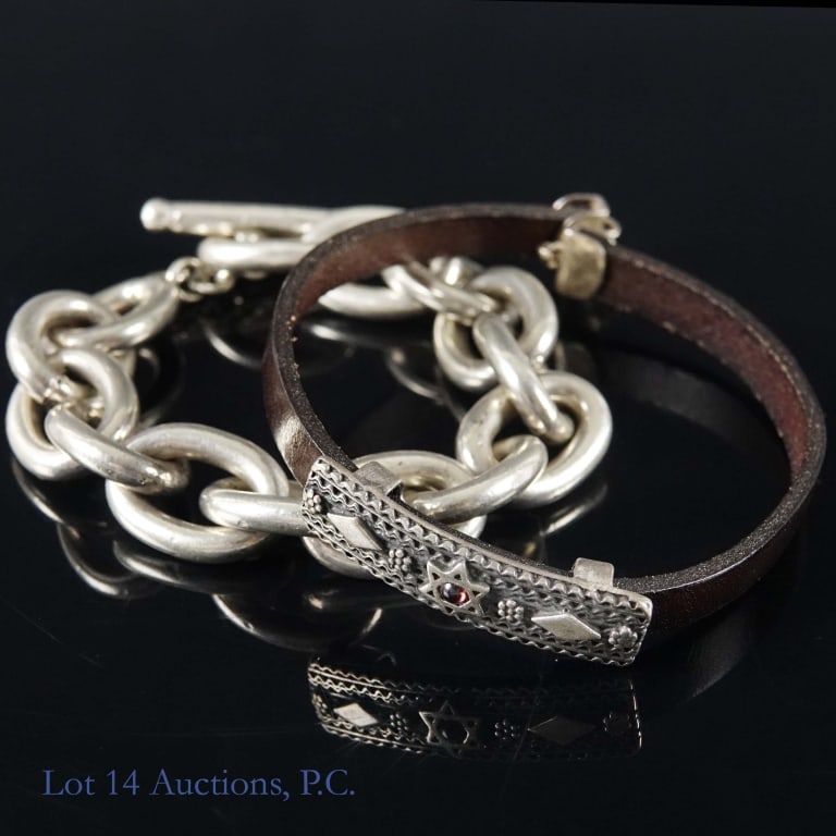 Sterling Silver Bracelets (2): Lot of 2 sterling silver bracelets. Total weight is approximately 89.09g or 2.86 troy oz.