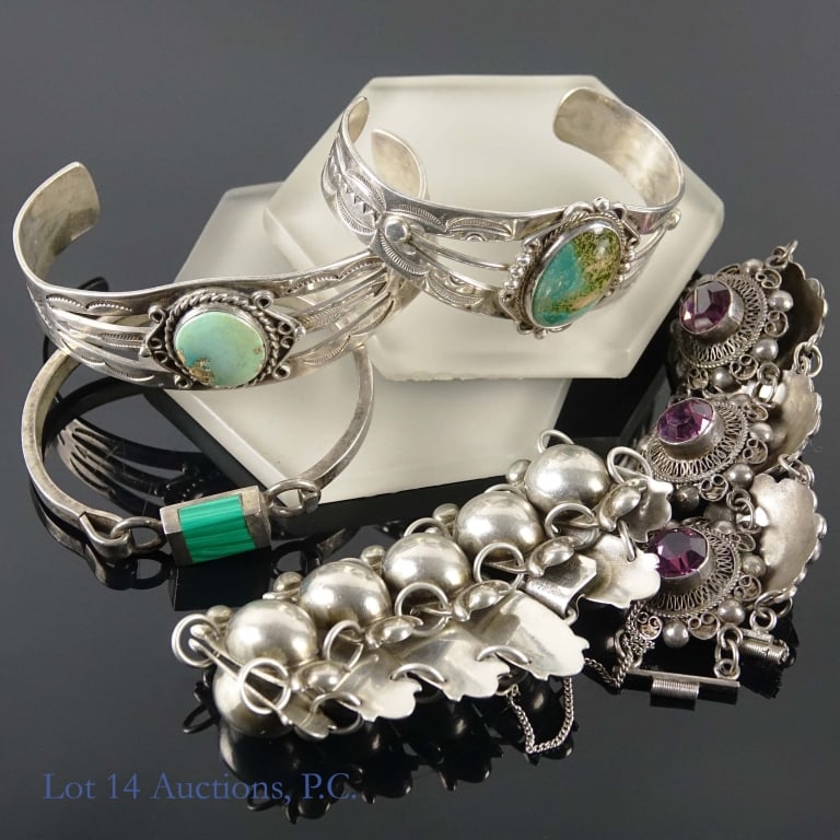 5 Silver Bracelets, Malachite, Turquoise: Five (5) silver (.800 - .925) bracelets. Two (2) cuff style bracelets are not marked or signed (total weight of these two is 2.2 ozt.(69g). The locking bracelet with malachite, marked "...252;