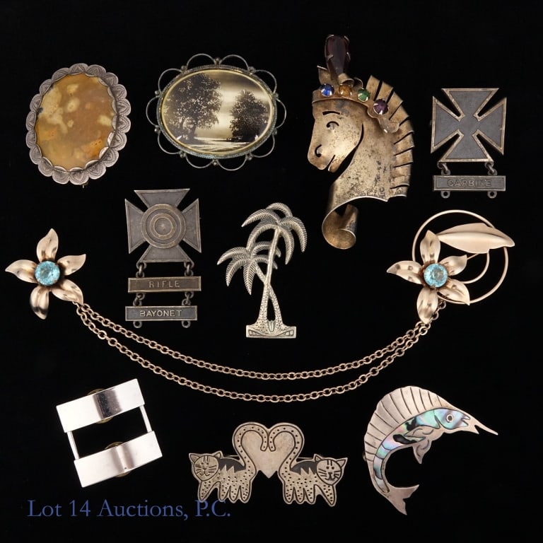Sterling Silver Brooches & Pins: Ten (10) sterling silver brooches and pins. Approximately 107.25 g - 3.45 ozt total weight. See photos for details and selection.