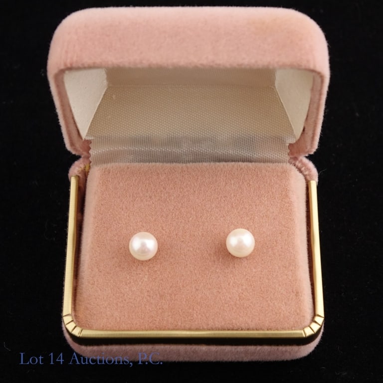 Pearl Stud Earrings w/ 14k Gold: 1cm diameter pearl stud earrings with the post and backing made from 14k yellow gold. Both earrings together weighs approximately 1.12g or