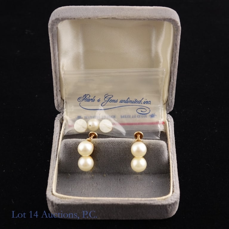 Screw Clip On Earrings w/ Pearls and 14k Gold: Screw back clip on earrings with two 1cm pearls each and the backings made with 14k yellow gold. Both earrings together weigh approximately 4.76g or 0.15 troy oz.