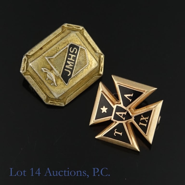 10k Yellow Gold & Sterling Silver School Pins: Two pins. One is made of 10k yellow gold and enamel from a fraternity called Alpha Tau Omega and weighs approximately 3.2g or 0.01 troy oz. The other is made of sterling silver reading "JMHS"