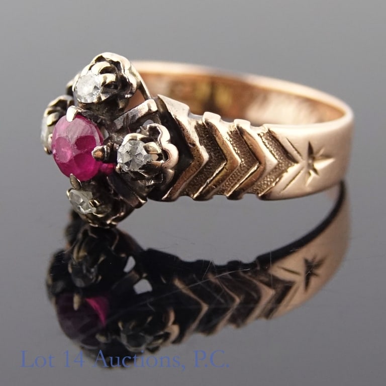 10k(?) Rose Gold Ring: Size 5.5 ring, electronically tested as 10k rose gold. Has a 2.5ct ruby in the center, surrounded by four diamonds, around 0.3ct each. Weighs approximately 3.32g or 0.11 troy oz.