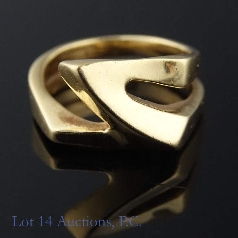 14k(?) Yellow Gold Designer Ring: Size 6 ring, electronically tested as 14k yellow gold. Bought originally from Mackenzie's Silver Lining, a jewelry shop in Wooster, OH that hand makes much of their jewelry. Weighs approximately