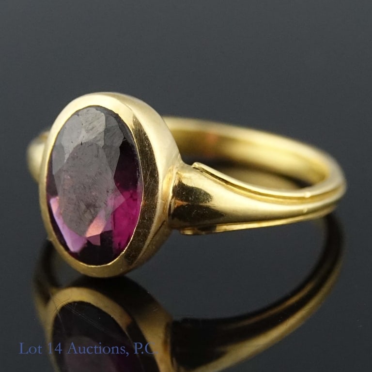 14k(?) Yellow Gold Ring w/ Purple Stone: Size 6 ring made with yellow gold. Very slight and faded "4" can be seen on the inside alongside other faded and unreadable marks. The ring passed a 14k acid test, so between that and the
