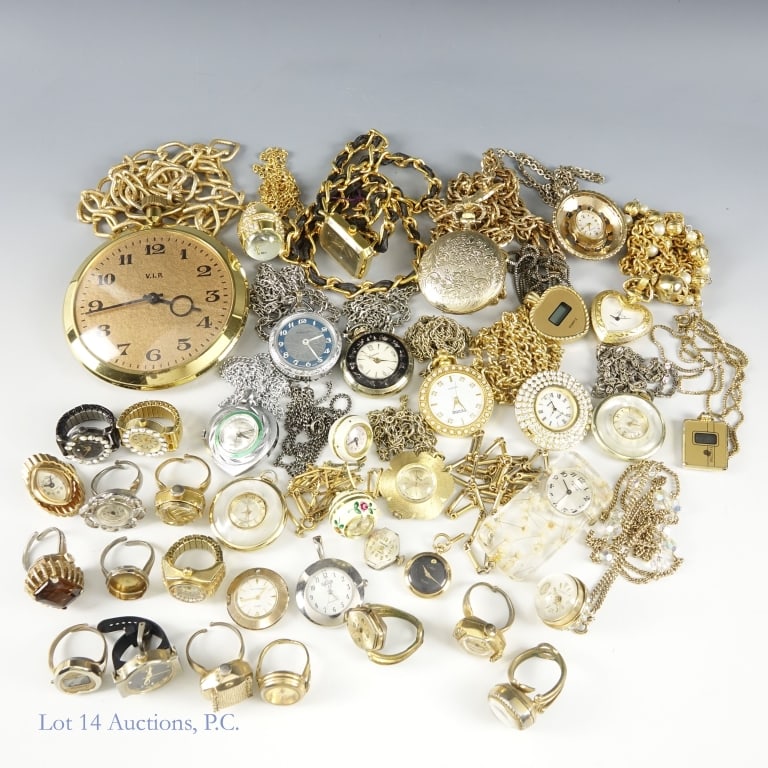 Vintage Fashion Timepieces: 38 vintage timepieces. 19 are on chains, 15 are on rings, and 4 are by themselves. They are in varying condition. See photos for details.