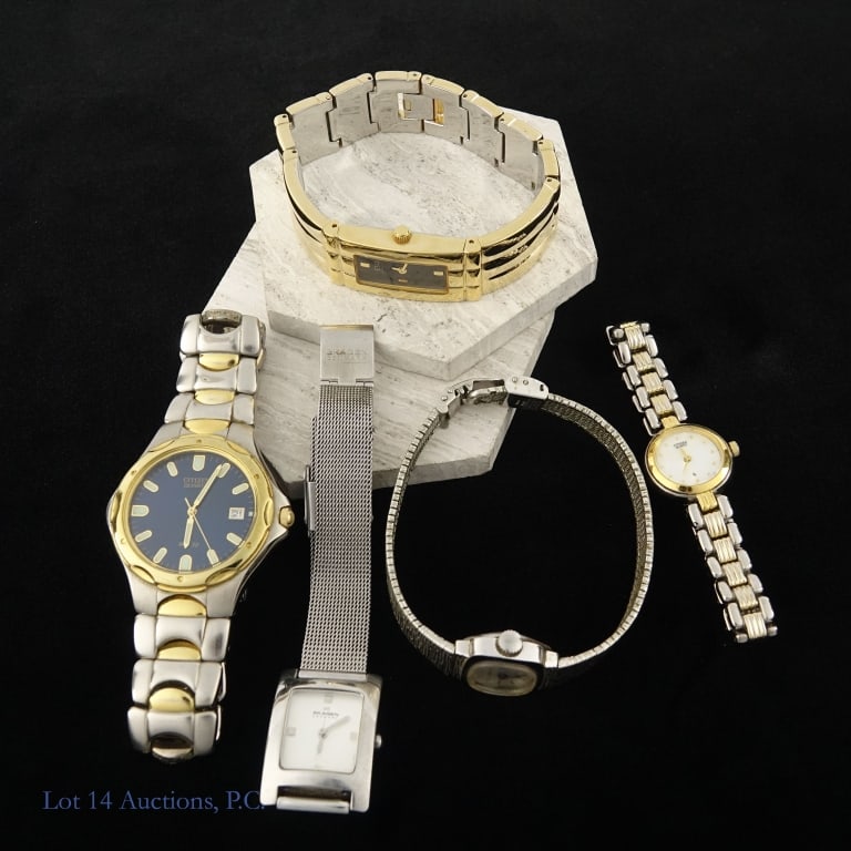 Citizen, Skagen, ESQ & Jubilee Watches (5): One (1) men's and one (1) women's two tone Citizen watch *** Skagen women's wrist watch *** ESQ gold tone women's wrist watch *** Jubilee 17 jewels hand winding women's wrist watch. Watch is running b