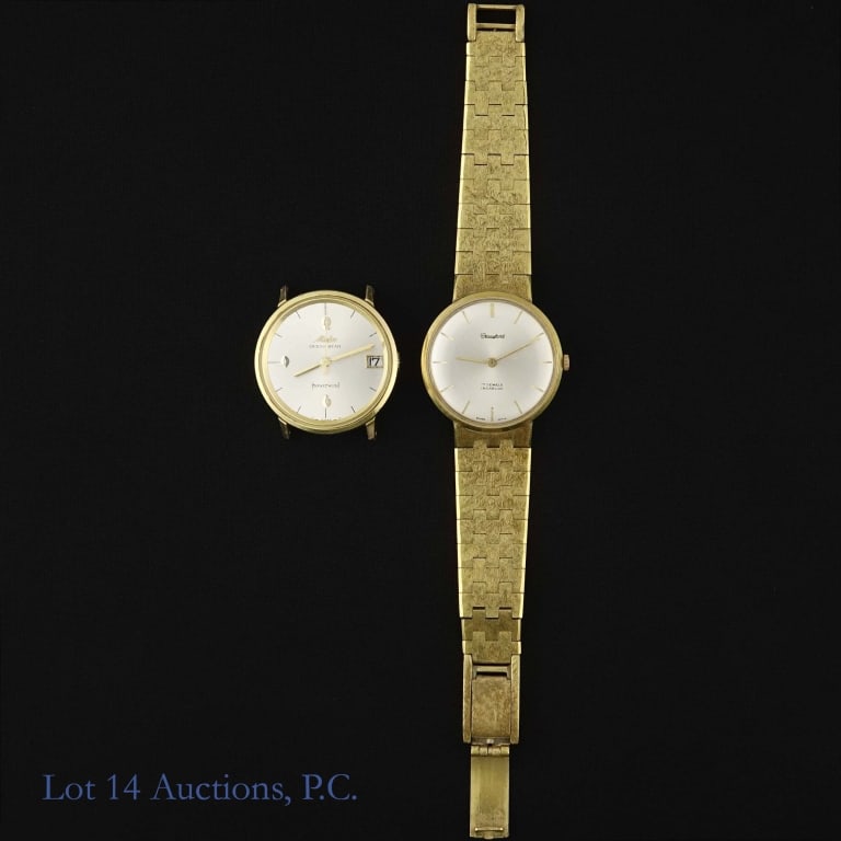 Crawford and Mido Ocean Star Vtg. Swiss Watches, 2: Two (2) Men's vintage Swiss watches. 1 - (1961) Mido Ocean Star day / date powerwind (automatic) movement, no strap. Running, 33mm diameter case, S/N 2817461. Watch can be set, but more resistance to 