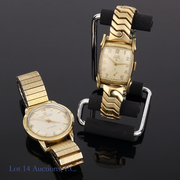 Girard Perregaux & Elgin 10K GF Mid Cntury Watches: 50s/60s Girard Perregaux Gyromatic men's wrist watch. 23 jewels automatic movement. 10K yellow gold filled case. 35mm case diameter. Flexible expansion metal bracelet in very good condition. Watch is