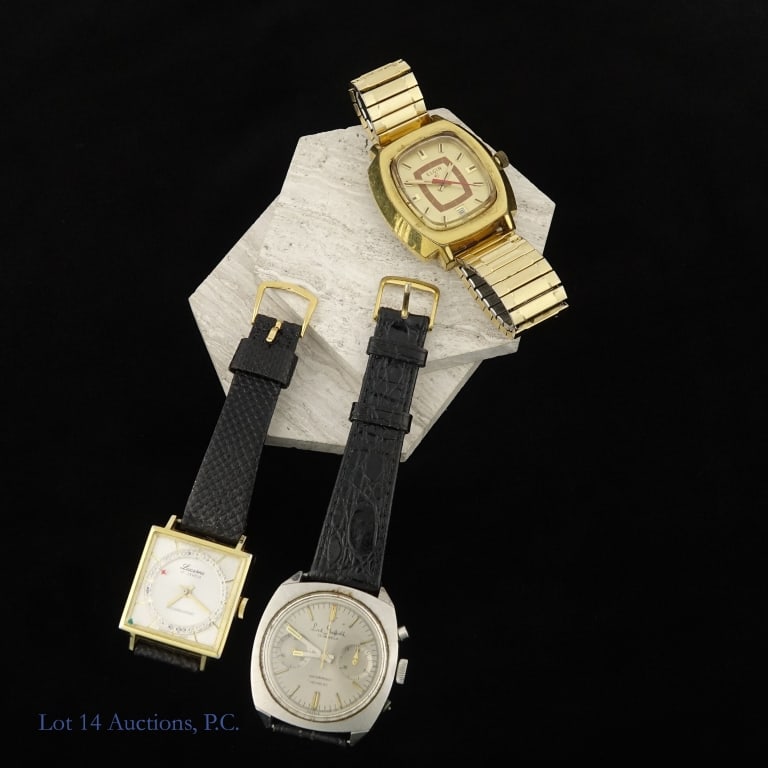 Lord Sheffield, Elgin & Lucerne Vintage Watches: Lord Sheffield chronograph wrist watch. Silver tone dial with gold tone accents and chronograph sub-dials at 6 and 9 o'clock. Cushion case with chronograph pushers at 2 and 4 o'clock. Bottom pusher