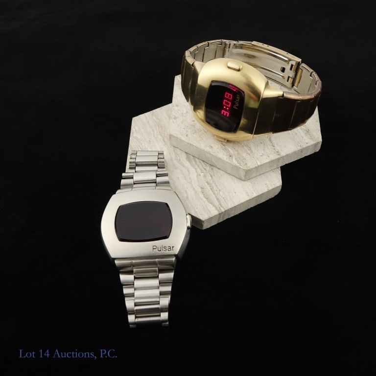 Pulsar P3 14K GF & P2 Time Computer Watches (2): Pulsar P3 LED Time computer. 14K gold filled case and band. Setting magnet included. Bracelet adjusted to approximately 7". Both time and date functions are working *** Pulsar P2 LED Time computer.