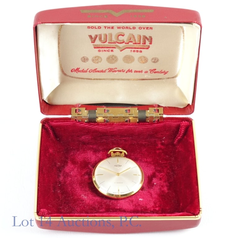 Vulcain 14K Plated Swiss Pocket Watch In Box: Vintage Vulcain 14K yellow gold plated open face pocket watch. 17 jewel movement. Swiss made. Case diameter approximately 41mm. Watch is running but has not been tested for accuracy or power reserve. 
