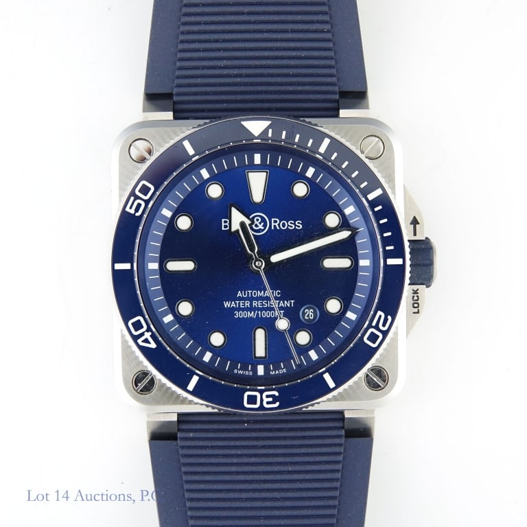 Bell & Ross BR 03 Diver Watch: Bell & Ross BR 03 Diver watch. 42mm wide polished and brushed stainless steel case, blue dial, unidirectional polished bezel with matching blue insert, blue rubber strap. Date window between 4 and 5