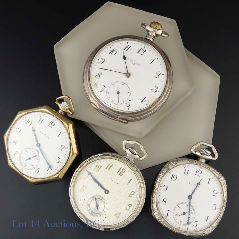 Pocket Watches - Omega, Elgin (4): Four (4) pocket watches. Please see photos for details and condition, none of these watches have been professionally serviced or inspected. If running at time of cataloging, we will note, but cannot g