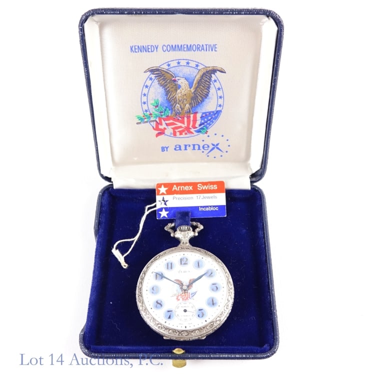 1976 Bicentennial Kennedy Pocket Watch By Arnex: 1976 Bicentennial Kennedy commemorative pocket watch by Arnex. Incabloc 19 jewels movement. Swiss made. Case diameter approximately 50 mm. Watch is running but has not been tested for accuracy or