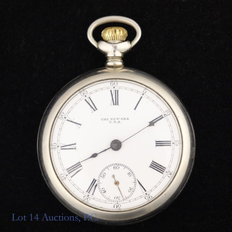 New Era USA Lever Set Silveroid Pocket Watch: New Era USA pocket watch. Silveroid case, approximately 55mm diameter. Screw in back and bezel. 18s lever set movement. Watch is running but has not been tested for accuracy or power reserve. Manufact