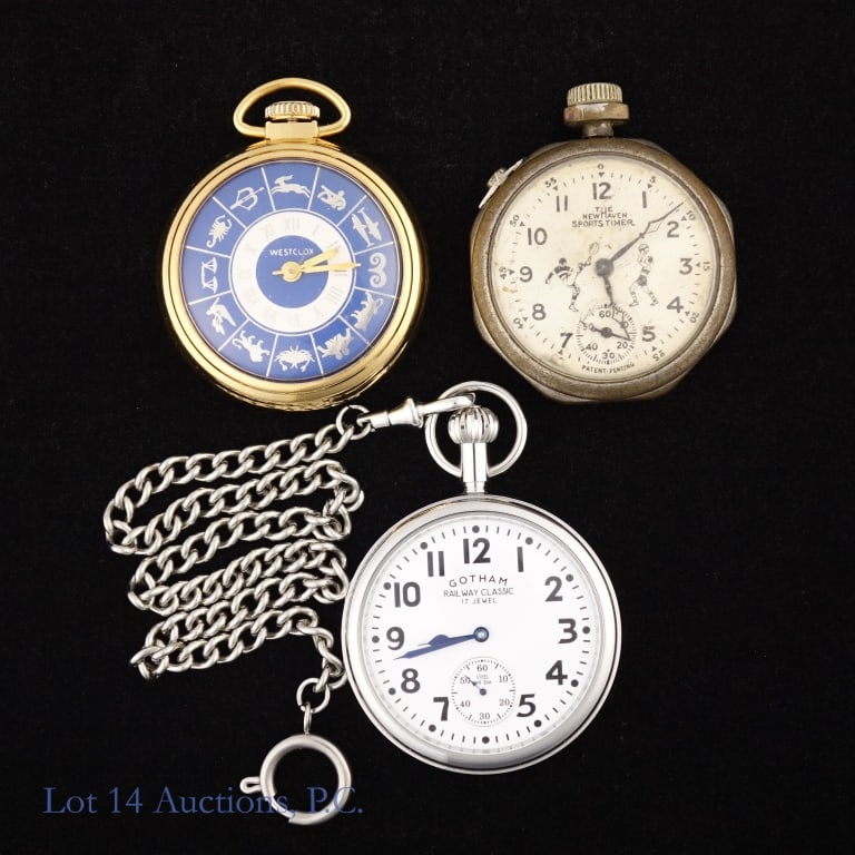 Gotham, Westclox & New Haven Pocket Watches: Gotham Railway Classic 17 jewel pocket watch with chain. 17 jewel movement. Approximately 51mm case diameter. Watch is running but has not been tested for accuracy or power reserve *** Westclox